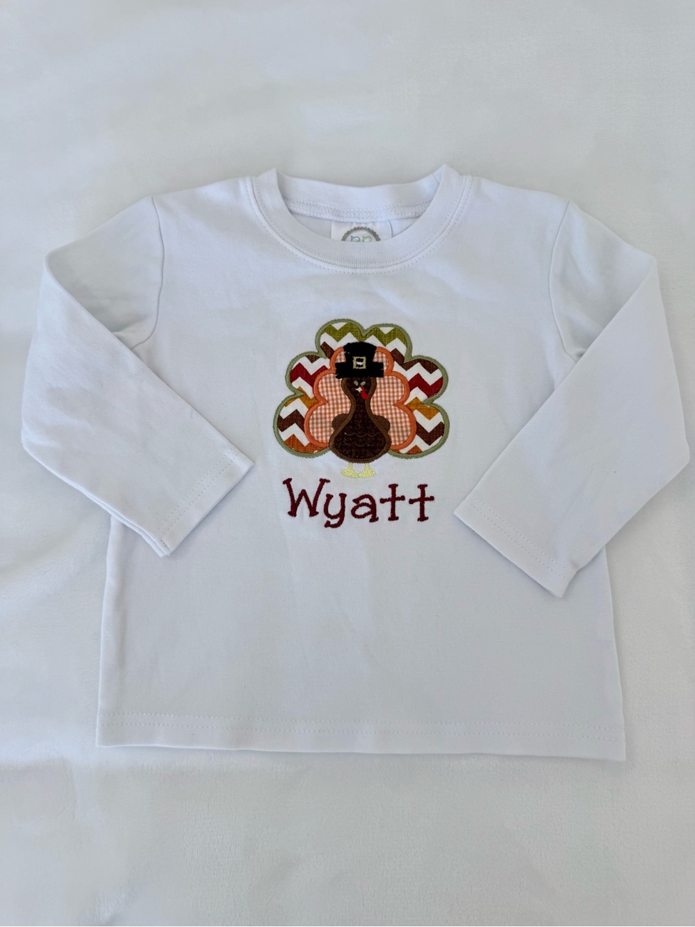 Monogrammed “Wyatt” Long-sleeve White Thanksgiving Shirt (size 2T)